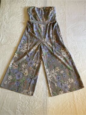 H&M Strapless Floral Wide-Leg Jumpsuit - Gray with Blue Yellow & Green Floral